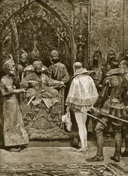 Egy korai angol követség Indiában, 1599, illusztráció a „Hutchinson brit nemzettörténete” című műből, 1923 körül