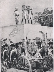 Plassey-i csata, 1757. június 23.: Clive a Nawab Surat-ud-Daulah vadászkastély tetején, illusztráció a brit szárazföldi és tengeri csatákból, 1915
