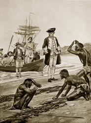 Cook kapitány partraszállás Tasmániában, 1777, illusztráció a 