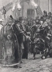 III. Edward üdvözli a walesi herceget a crecyi csata után, illusztráció a "British Battles on Land and Sea" című könyvből, kiadó: Cassell, London, 1910 körül.