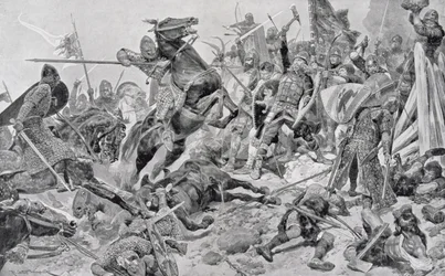 Harold (1022-66 körül) utolsó harca, illusztráció a Sir Evelyn Wood (1838-1919) által szerkesztett "British Battles on Land and Sea" című könyvből, amely először 1915-ben jelent meg.