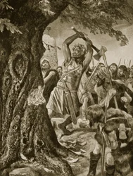 Malachy kivágja Munster koronázási fáját 982-ben, illusztráció a „Hutchinson