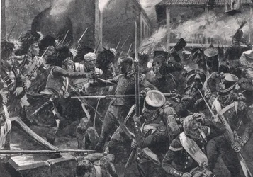 A 42. felföldi lovasok kiszorítják a franciákat Elvinából, illusztráció a "British Battles on Land and Sea" című könyvből, kiadta a Cassell, London, 1910 körül.