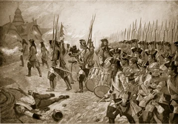 A blenheimi csata: A falu megrohamozása, illusztráció a Hutchinson történetéből a brit nemzetről, 1923 körül