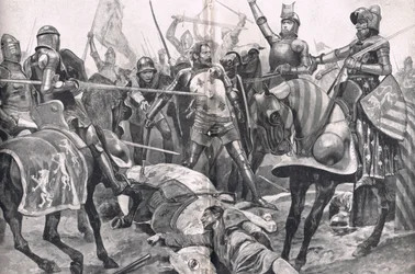 II. János Franciaország utolsó állása a poitiers-i csatában, illusztráció a „British Battles on szárazföldön és tengeren”, kiadó: Cassell, London, 1910 körül