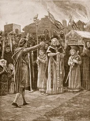 I. Vilmos holtteste megtagadta a temetést, illusztráció a „Hutchinson története a brit nemzetről”, 1920 körül