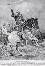 Az első roham Hastingsnél: Taillefer, az énekmondó és kardzsonglőr, énekelve és kardját a levegőbe dobálva kilovagolt a sorokból, 1066, illusztráció Hutchinson „A brit nemzet története” című művéből