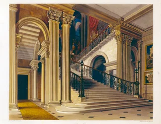 Lépcsőház, Buckingham House, a "The History of the Royal Residences"-ből, vésette William James Bennett (1787-1844), William Henry Pyne (1769-1843), 1819