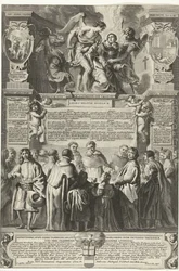 Instelling van de broederschap Militia Angelica of Aquinói Tamás, 1649 Az Angyali Milícia eredete, az isteni Aquinói Tamás; tisztaság égi öve alatt, bevezetve (cím a tárgyon)