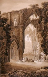 Tintern Abbey, William Coxe „Történelmi körútja Monmouthshire-n keresztül”, T. Cadell nyomta, 1801 (wc toll, tinta és grafit a papíron)