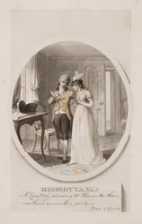 Courtney úr bemutatja Henriettának az anyjuk miniatűr képét, 5. könyv 4. fejezet, illusztráció Charlotte Lennox „Henrietta” 1798-as kiadásához, 1798 körül (ceruza és WC papíron)