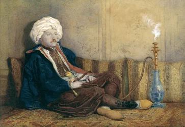 Sir Thomas Philips portréja keleti jelmezben, vízipipával fekve (papíron fehérrel megerősített wc)
