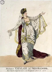 Madame Catalani a Semiramide című filmben, első fellépése Angliában, 1806. december 13-án (színes rézkarc)