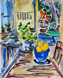 Lemons in Blue Bowl, 2021 (akvarell, papír)
