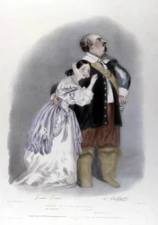Giulia Grisi és Luigi Lablache Vincenzo Bellini Puritánok 3. felvonásában. R. J. Lane litográfiája. 1835