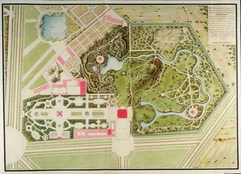 A Petit Trianon francia és tájképi kertjeinek terve az épület tömegeivel, Richard Mique Recueil des plans du Petit Trianon című művéből