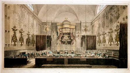 Kilátás a Lordok Házára, a Nagy-Britannia parlamentjének felsőházára. Rothwell metszete. 19. századi Parker Gallery, London
