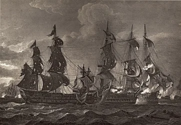 HMS kapitány a San Nicholas és a San Josef fedélzetén, illusztrációja Robert Southey (1774-1843) „The Life of Nelson” című könyvéből, először 1813-ban jelent meg