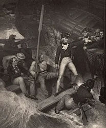 Nelson hadnagy önként jelentkezik egy díjra egy heves viharban, illusztráció Robert Southey (1774-1843) „The Life of Nelson” című művéből, amely először 1813-ban jelent meg.
