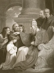 Alfréd herceg III. Leó pápa előtt, metszet J. Stow-tól, illusztráció David Hume "The History of England" című művéből, kiadta R. Bowyer, London, 1812.