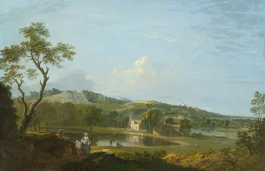 Kiterjedt táj házikókkal egy tó mellett, 1744-1745 körül (olaj, vászon)