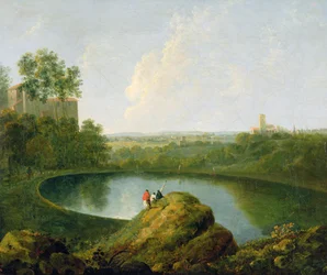 The Head of Lake Nemi (oil on canvas)   1416847   hu       hungarian Successfully Translated  Original: Knielende vrouw Beroemde plaatsen en producten in de Yamashiro provincie (series title) Yamashiro meisho meibutsu (series title on object) Translat: Kni