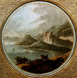 Tengeri öböl feletti kastély hajókkal, 1775 körül (toll és tus akvarellel papíron)