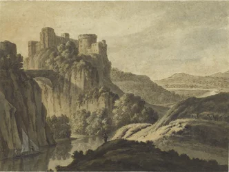 Folyói táj kastéllyal a lejtőn, 1780