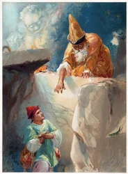 Aladdin és a varázsló, Ernest Mister által kiadott „Once Upon a Time” illusztrációja, 1900 körül (színes litó)