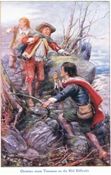 Christian találkozik Timorous-szal a nehézségek hegyén, a John F Shaw & Co által kiadott The Pilgrims Progress-ből, az 1900-as évek körül (színes litó)