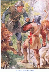 Great Heart infarkts Giant Grim, a The Pilgrims Progressből, amelyet John F Shaw & Co adott ki, 1900 körül (színes litó)