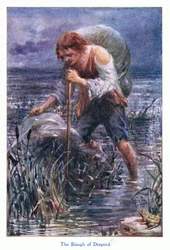 Az elkeseredettség csapása, a John F Shaw & Co által kiadott The Pilgrims Progress-ből, az 1900-as évek körül (színes litó)