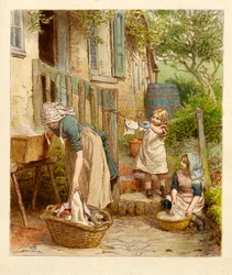 Anya és gyermekei lógnak a mosdóban, kocsmában. 1854.