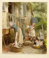 Anya és gyerekek lógnak a mosdóban, kocsmában. 1854