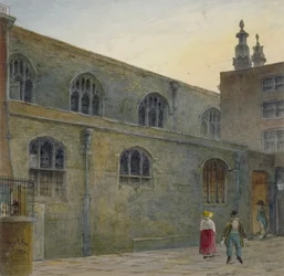 A Guildhall-kápolna északi oldala, amely a Cutthroat Alley bejáratát mutatja, London City, 1820