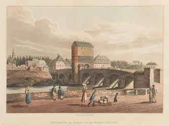 bejárat Hanau városába a Kinzig hídon keresztül, 1814 (akvatinta)