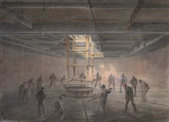 Az egyik tank belseje a Great Eastern fedélzetén: The Cable Passing Out, 1865-66.