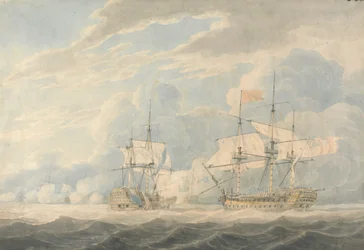 A De Winter admirális vezette holland admirális leüti zászlaját Onslow angol admirálisnak, Duncan admirális vezetésével a camperdowni csatában, 1797. október 11-én.