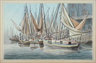 Kilátás a Billingsgate rakpartra hajókkal a vízen, London City, 1790.