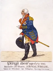 III. George brit brit 1810-ben, ötvenéves jubileumán, R Dighton saját rajza nyomán, amelyet Windsorban, kocsmában készített. 1810. október 25. (színes litográfia)