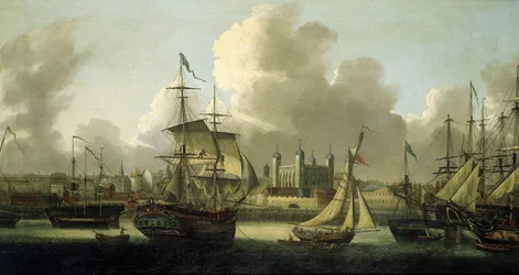 Vitorlázás Londonban (Anglia), balra a londoni Tower leírása, különböző méretű hajók illusztrálják a Temzén folyó nagy folyami tevékenységet.