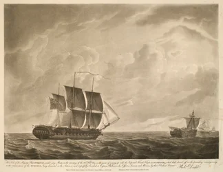 Ez a nézet, Őfelsége EUROTAS hajójáról, esküdtszéki árbocok alatt, 1814. február 26-án, február 26-án reggel, amikor a császári francia LA CLORINDE fregattot érte utol, amely az előző estén elhajózott; a körülmény miatt, hogy az