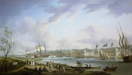 Greenwich látképe, a Temze és a Temze partján folyó tevékenységek leírása, valamint a folyami hajózás, az árapály jelentőségének figyelembevételével. Olaj, vászon