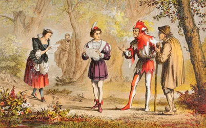 Rosalind beszél az Ahogy tetszik-ben, III. felvonás, II. jelenet: "Béke! Itt jön a nővérem", a "The Illustrated Library Shakespeare"-ből, London 1890 (színes litográfia).