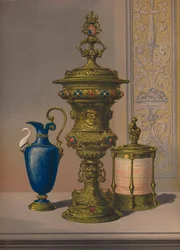 Ezüst aranyozott és ékköves váza, porcelánváza, szivarkoporsó, 1863