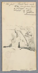 Rajz, Kilátás egy magaslatról a városra (recto); nő kezében egy üveggel (verso), 1882