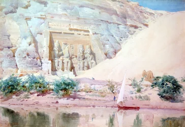 Abu Simbel", akvarell. Robert Talbot-Kelly (1861-1934) angol orientalista tájképfestő. II. Ramszesz nagy mészkőszobrai a bejáratnál a Nílus felől nézve. Egyiptom Tájkép Víz Romok