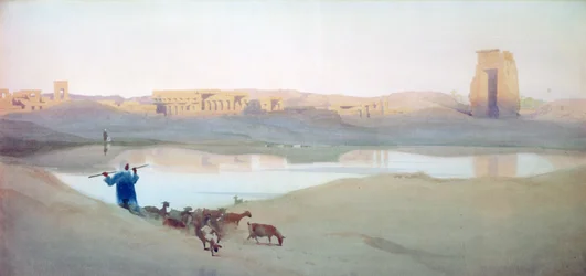 A karnaki szent tó, 1900 körül. Akvarell. Robert Talbot-Kelly (1861-1934) angol orientalista tájképfestő. Egyiptom Tájkép Víz Romok Kecskepásztor