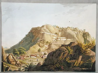 Ootra-Durgum délnyugati képe, illusztráció a „Tizenkét nézetből Mysore-ról, a Tippoo szultán országáról”, metszett és színezett: J.W. Edy, megjelent 1804 (színes akvatinta)