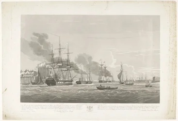 Tizenkét holland kereskedelmi hajó indulása Portsmouth kikötőjéből, 1833 (2. tábla) Ez a három lemezből álló készlet 12 Nederlandsche Koopvaardy hajónak az embargóból indulását ábrázolja Portsmouth kikötőjéből 1833. június 2-án.